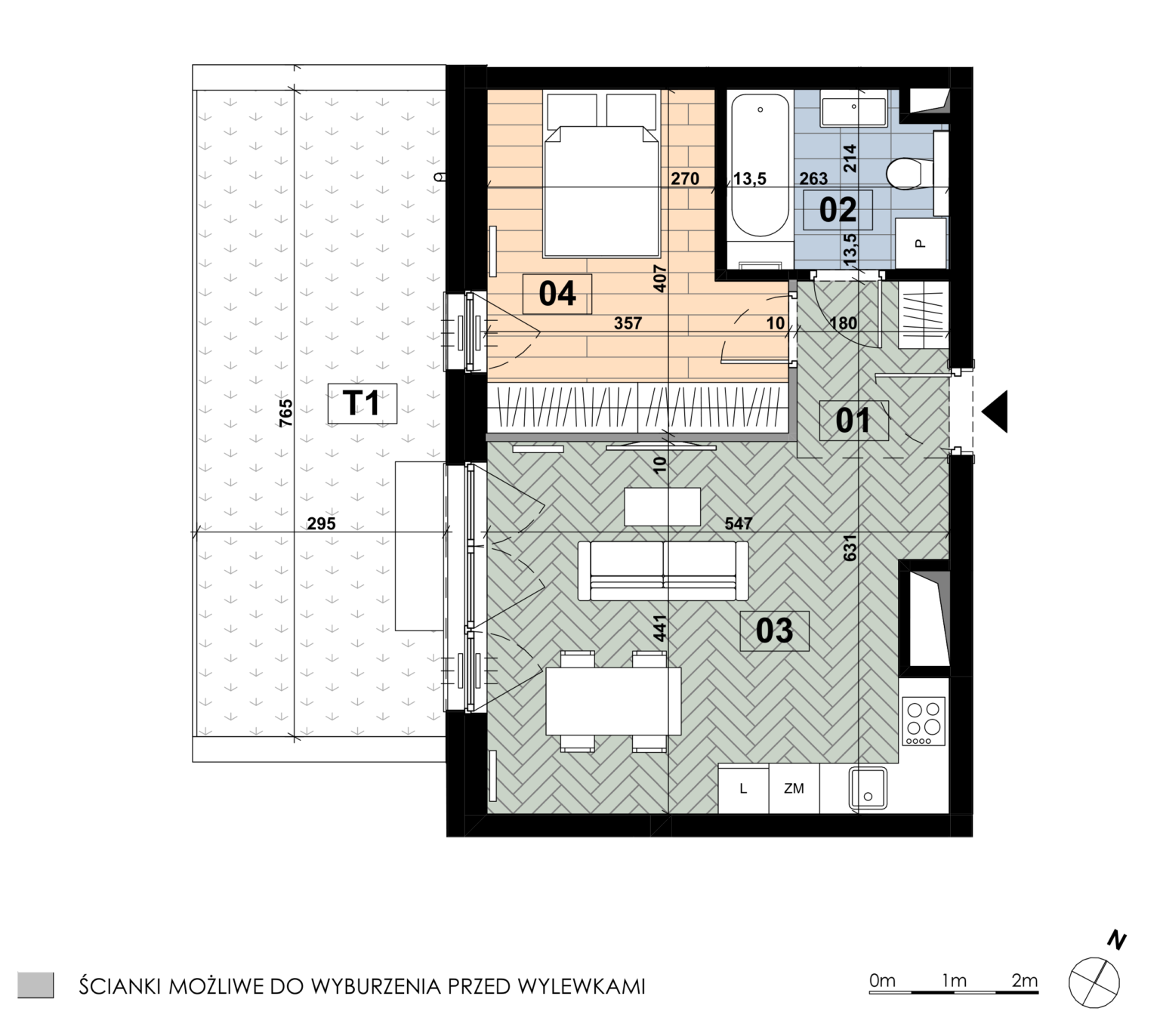 Dwupokojowe mieszkanie ME 01 znajduje się na parterze budynku E i ma powierzchnię 44,71 m². Największym pomieszczeniem jest salon z aneksem kuchennym o powierzchni 22,93 m², natomiast sypialnia główna ma 12,56 m². Łazienka zajmuje powierzchnię 5,45 m². Do mieszkania przynależy taras o powierzchni 22,58 m².