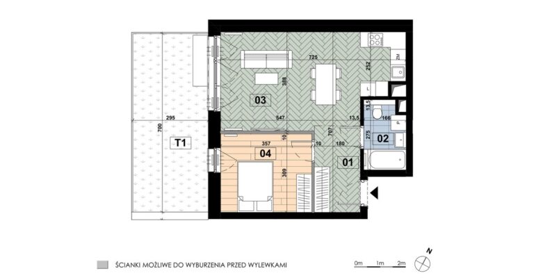 Mieszkanie ME 02: 2 pokoje, 46,39 m², parter, budynek E, salon z aneksem, sypialnia i taras 20,64 m².