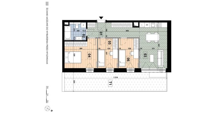 Mieszkanie ME 03: 4 pokoje, 63,83 m², parter, budynek E, salon z aneksem, 3 sypialnie i taras 27,34 m².