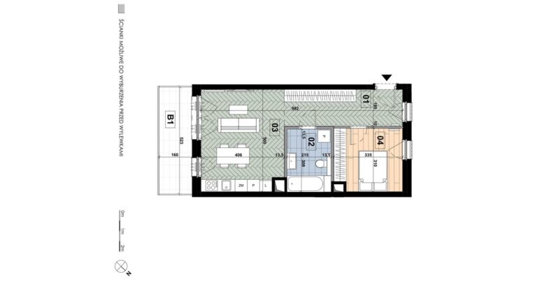 Mieszkanie ME 04: 2 pokoje, 46,88 m², 1. piętro, budynek E, salon z aneksem, sypialnia i balkon 8,46 m².