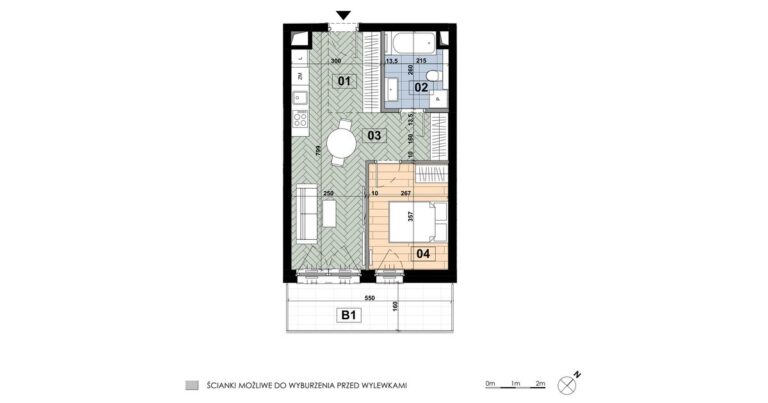 Mieszkanie ME 05: 2 pokoje, 40,23 m², 1. piętro, budynek E, salon z aneksem, sypialnia i balkon 8,90 m².