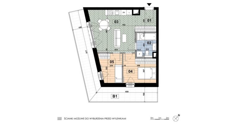 Mieszkanie ME 06: 3 pokoje, 49,70 m², 1. piętro, budynek E, salon z aneksem, 2 sypialnie i balkon 25,82 m².