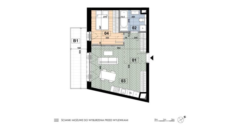 Mieszkanie ME 07: 2 pokoje, 44,52 m², 1. piętro, budynek E, salon z aneksem, sypialnia i balkon 9,72 m².