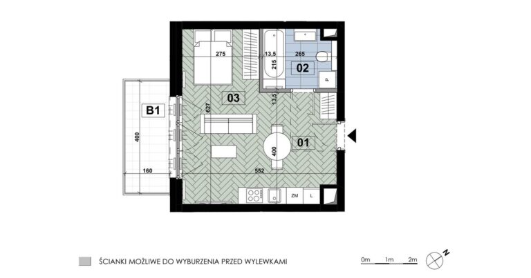 Mieszkanie ME 08: 1 pokój, 33,33 m², 1. piętro, budynek E, salon z aneksem, łazienka i balkon 6,40 m².