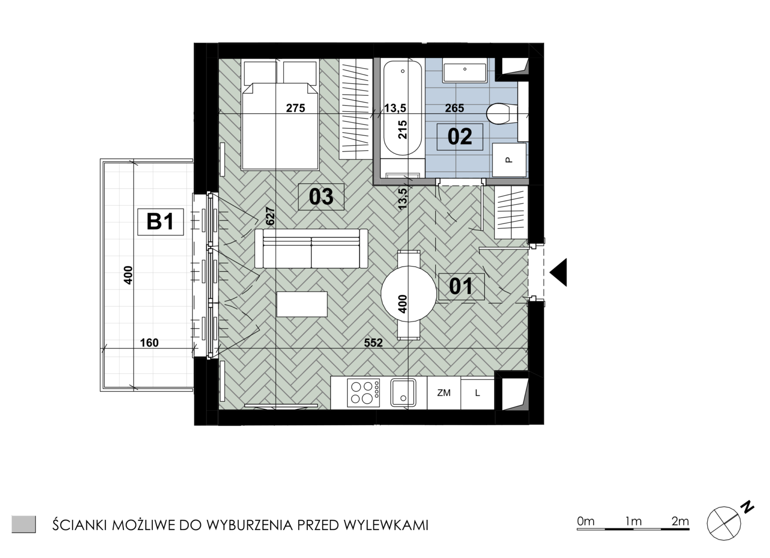 Jednopokojowe mieszkanie ME 08 położone jest na pierwszym piętrze budynku E i obejmuje 33,33 m². Głównym pomieszczeniem pozostaje salon z aneksem kuchennym o powierzchni 24,42 m², a łazienka zajmuje 5,45 m². Układ mieszkania tworzą salon z aneksem oraz łazienka. Do mieszkania przynależy balkon o powierzchni 6,40 m².