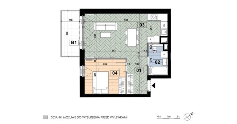 Mieszkanie ME 09: 2 pokoje, 47,10 m², 1. piętro, budynek E, salon z aneksem, sypialnia i balkon 6,40 m².