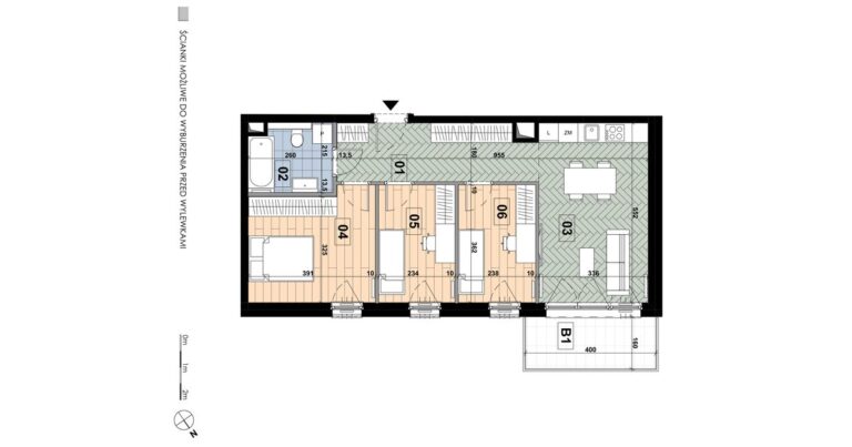 Mieszkanie ME 10: 4 pokoje, 64,69 m², 1. piętro, budynek E, salon z aneksem, 3 sypialnie i balkon 6,40 m².