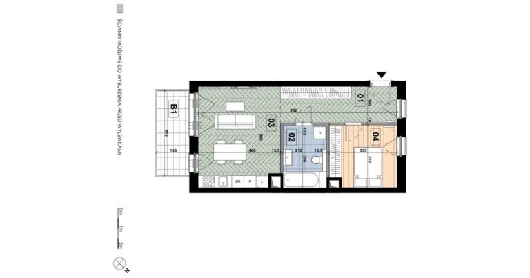 Mieszkanie ME 11: 2 pokoje, 46,88 m², 2. piętro, budynek E, salon z aneksem, sypialnia i balkon 6,64 m².