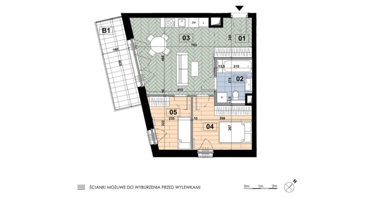 Mieszkanie ME 13: 3 pokoje, 49,70 m², 2. piętro, budynek E, salon z aneksem, 2 sypialnie i balkon 8,66 m².