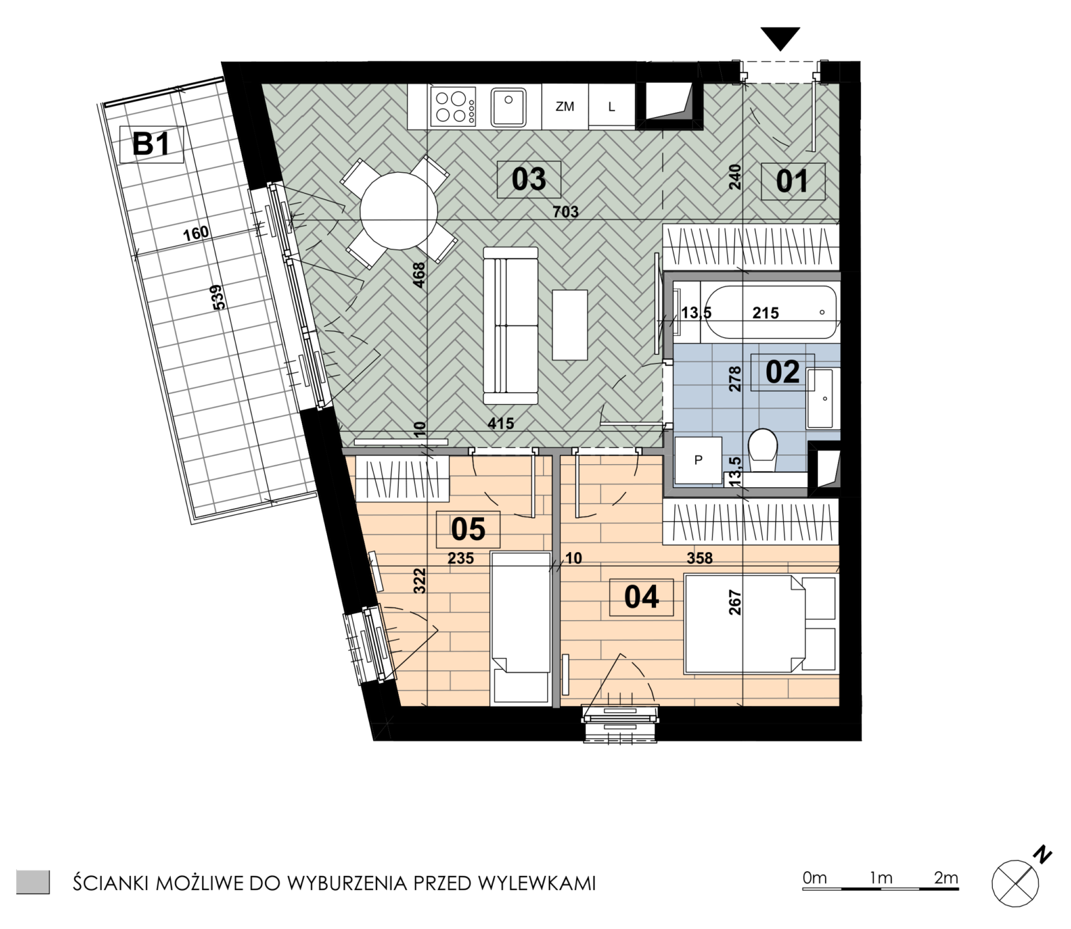 Trzypokojowe mieszkanie ME 13 mieści się na drugim piętrze budynku E i ma powierzchnię 49,70 m². Największą część wnętrza stanowi salon z aneksem kuchennym o powierzchni 21,39 m²; sypialnia główna zajmuje 10,30 m², druga sypialnia 7,43 m², a łazienka 5,45 m². Do mieszkania przynależy balkon o powierzchni 8,66 m².