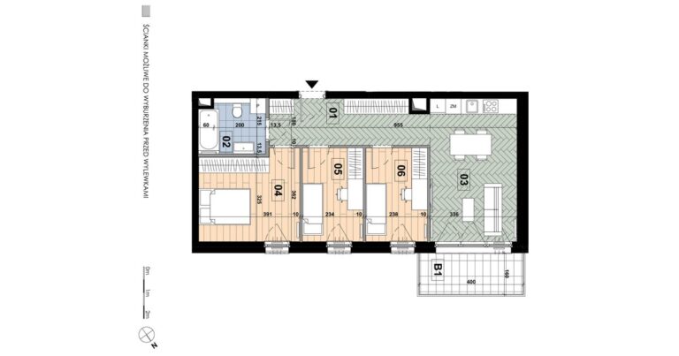 Mieszkanie ME 17: 4 pokoje, 64,69 m², 2. piętro, budynek E, salon z aneksem, 3 sypialnie i balkon 6,40 m².