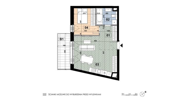 Mieszkanie ME 21: 2 pokoje, 44,52 m², 3. piętro, budynek E, salon z aneksem, sypialnia i balkon 7,34 m².
