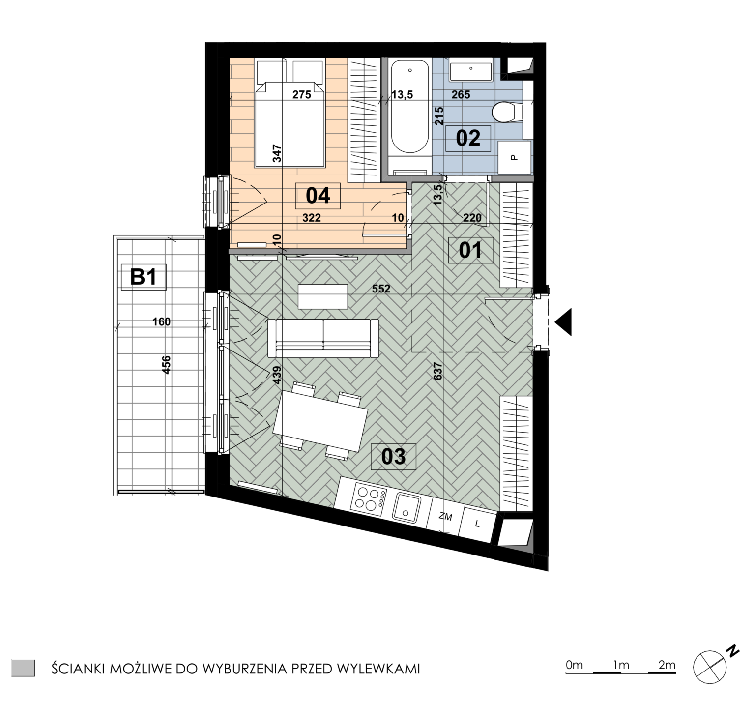 Dwupokojowe mieszkanie ME 21 znajduje się na trzecim piętrze budynku E i ma łączną powierzchnię 44,52 m². Salon z aneksem kuchennym zajmuje 22,18 m² i jest największym pomieszczeniem, natomiast sypialnia główna ma 10,11 m², a łazienka 5,45 m². Mieszkanie ma balkon o powierzchni 7,34 m².