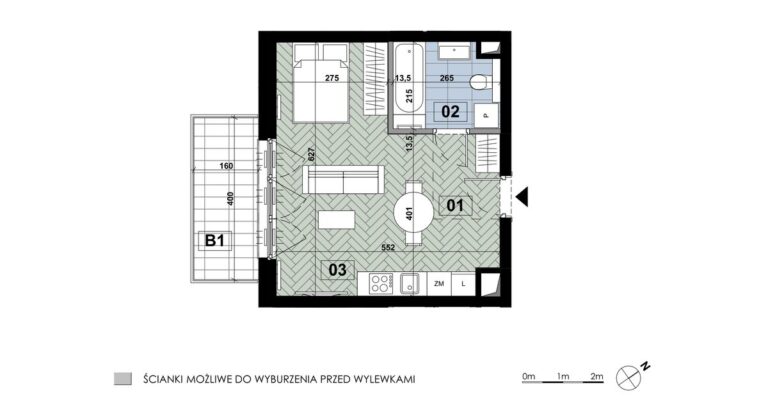 Mieszkanie ME 22: 1 pokój, 33,33 m², 3. piętro, budynek E, salon z aneksem, łazienka i balkon 6,40 m².