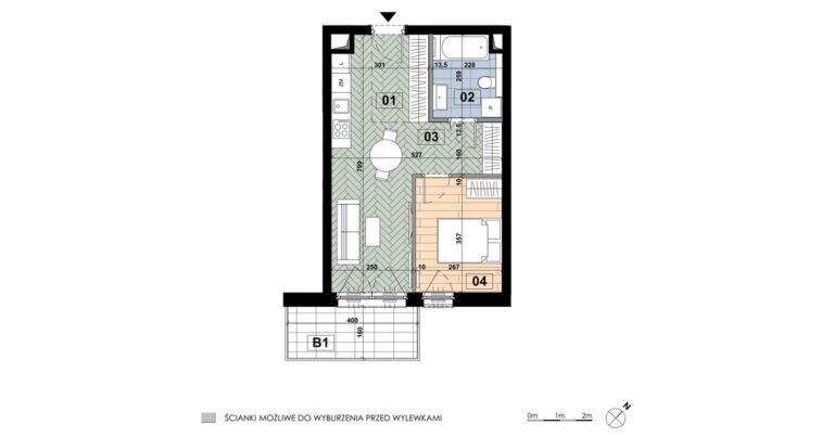 Mieszkanie ME 26: 2 pokoje, 40,23 m², 4. piętro, budynek E, salon z aneksem, sypialnia i balkon 6,40 m².