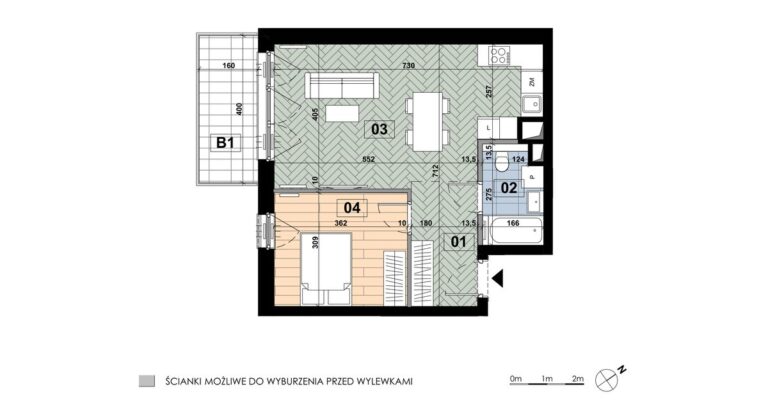 Mieszkanie ME 30: 2 pokoje, 47,10 m², 4. piętro, budynek E, salon z aneksem, sypialnia i balkon 6,40 m².