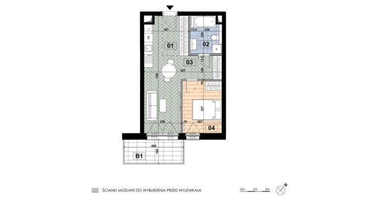 Mieszkanie ME 33: 2 pokoje, 40,23 m², 5. piętro, budynek E, salon z aneksem, sypialnia i balkon 6,40 m².