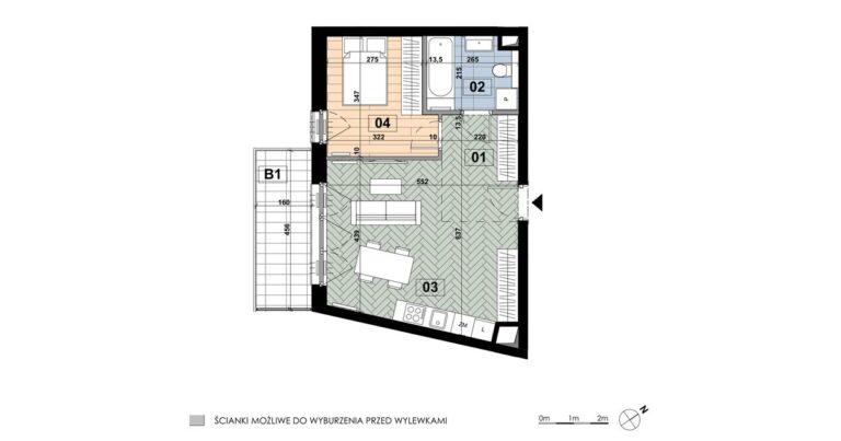 Mieszkanie ME 35: 2 pokoje, 44,52 m², 5. piętro, budynek E, salon z aneksem, sypialnia i balkon 7,34 m².