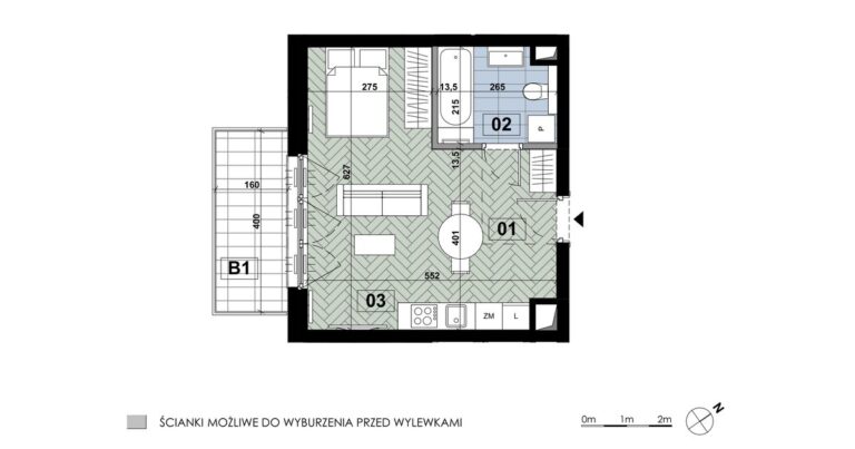Mieszkanie ME 36: 1 pokój, 33,33 m², 5. piętro, budynek E, salon z aneksem, łazienka i balkon 6,40 m².