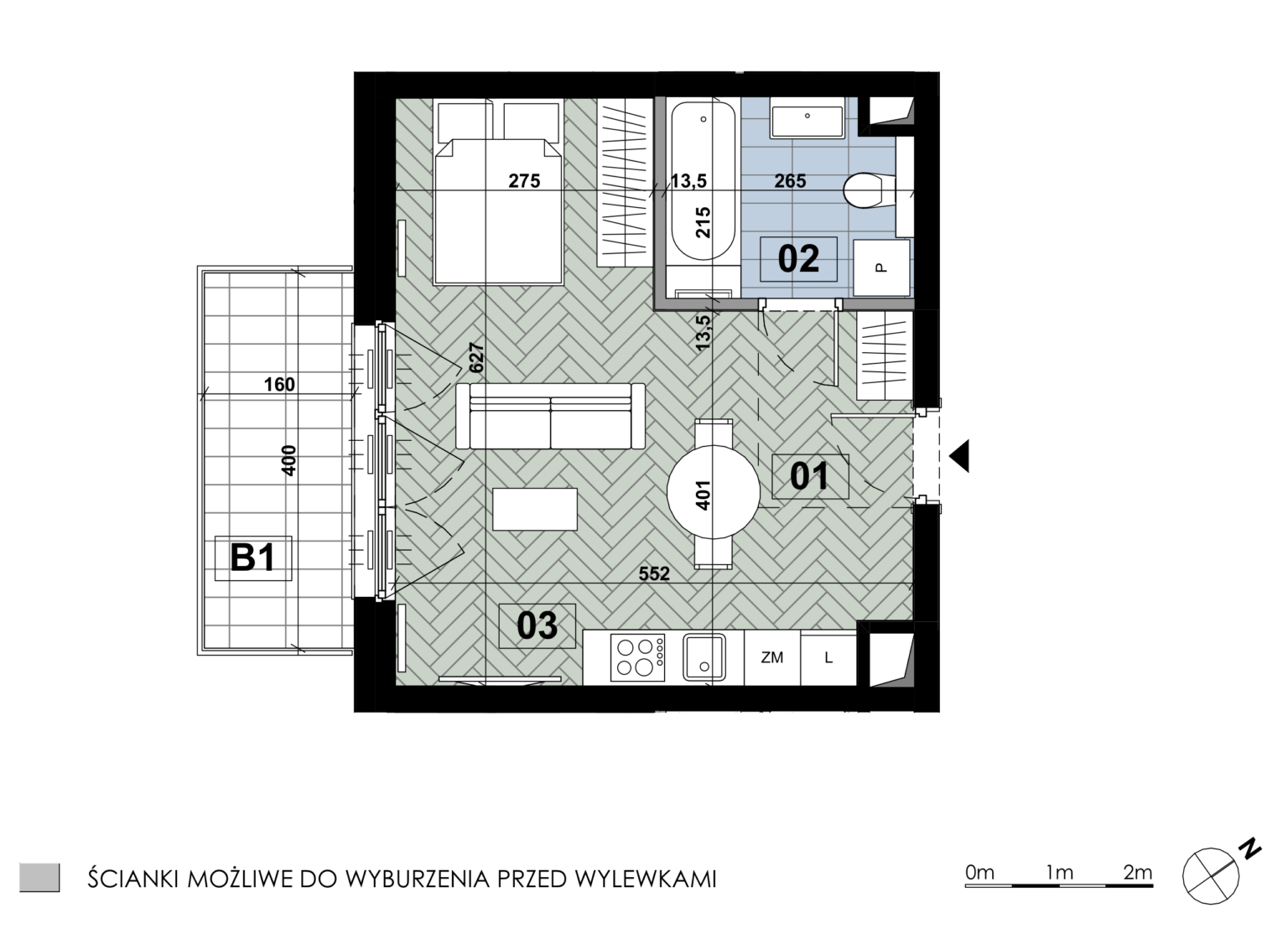 Jednopokojowe mieszkanie ME 36 położone jest na piątym piętrze budynku E i obejmuje 33,33 m². Głównym pomieszczeniem pozostaje salon z aneksem kuchennym o powierzchni 24,42 m², a łazienka zajmuje 5,45 m². Układ mieszkania tworzą salon z aneksem oraz łazienka. Do mieszkania przynależy balkon o powierzchni 6,40 m².