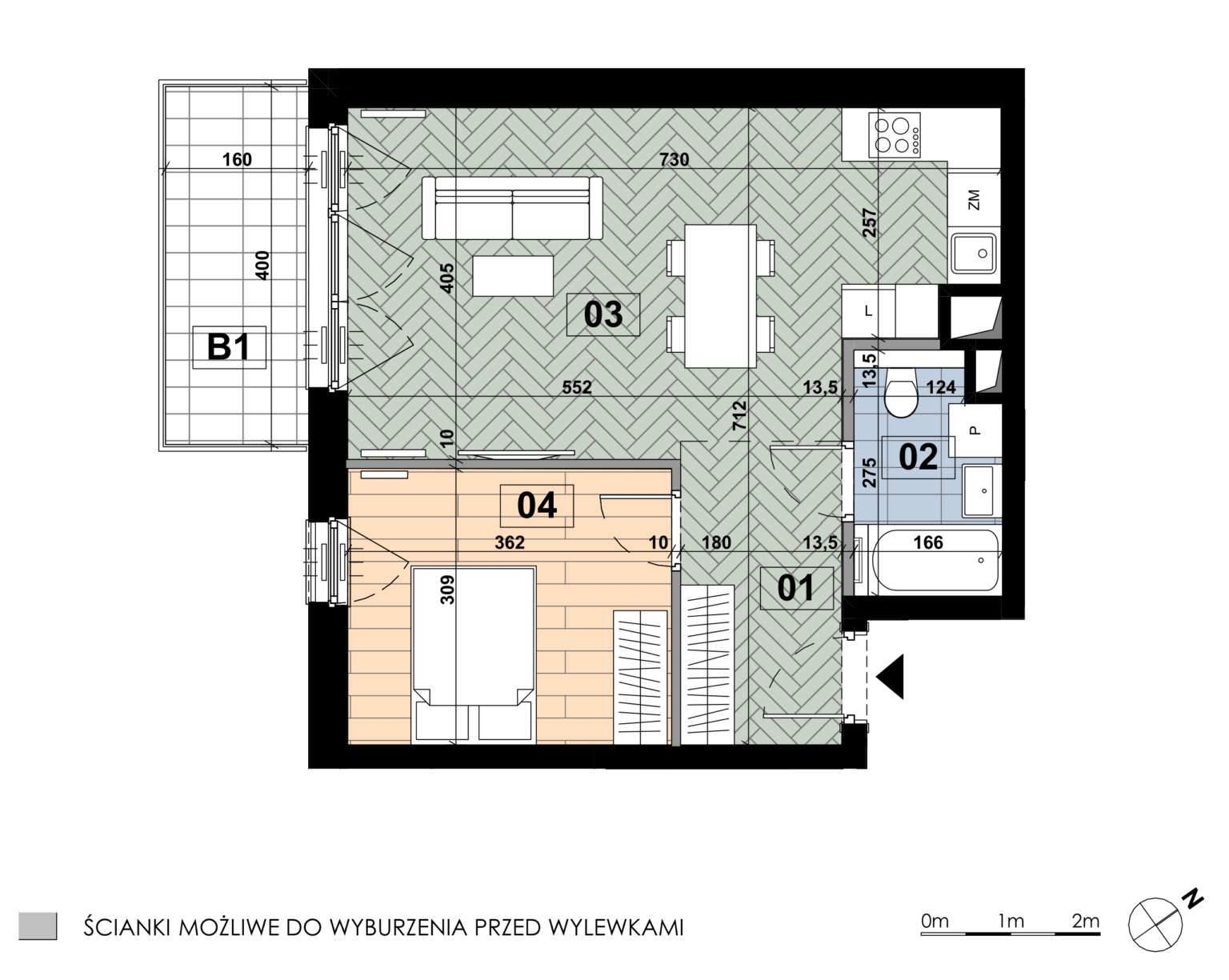 Dwupokojowe mieszkanie ME 37 mieści się na piątym piętrze budynku E i ma powierzchnię 47,10 m². Centralną częścią mieszkania jest salon z aneksem kuchennym o powierzchni 25,50 m², natomiast sypialnia główna zajmuje 11,18 m², a łazienka 4,31 m². Dodatkową przestrzeń stanowi balkon o powierzchni 6,40 m².