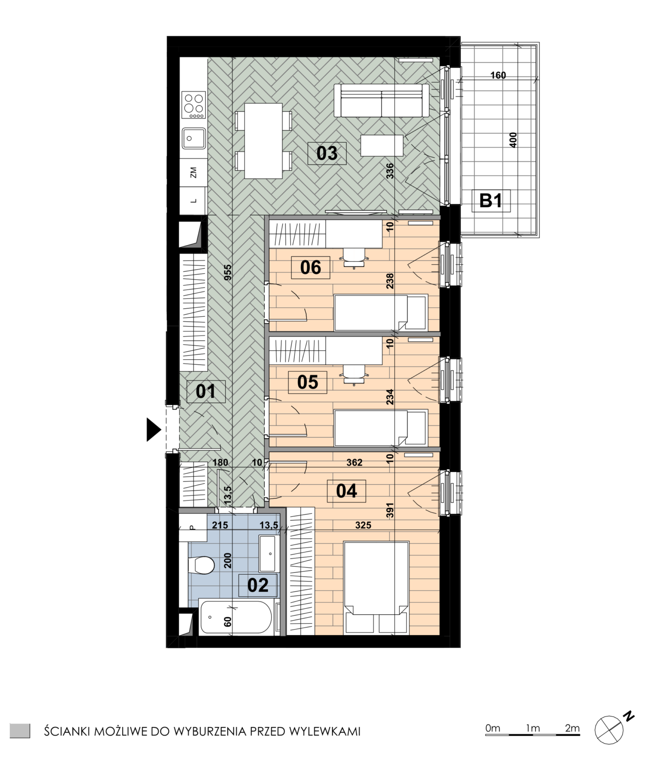 Czteropokojowe mieszkanie ME 38 znajduje się na piątym piętrze budynku E i ma powierzchnię 64,69 m². Główną przestrzeń tworzy salon z aneksem kuchennym o powierzchni 18,53 m²; sypialnia główna zajmuje 13,09 m², dwie pozostałe sypialnie mają 8,48 m² i 8,60 m², a łazienka 5,34 m². Do mieszkania przynależy balkon o powierzchni 6,40 m².