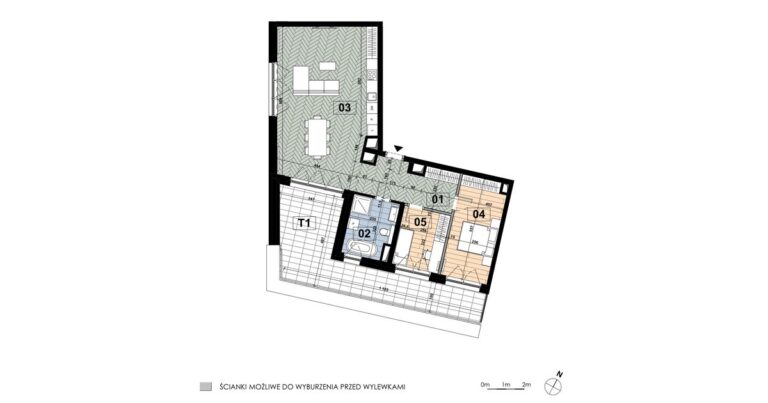 Mieszkanie ME 40: 2 pokoje, 85,02 m², 6. piętro, budynek E, salon z aneksem, 2 sypialnie i taras 28,85 m².
