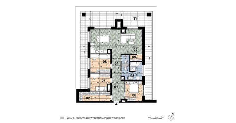 Mieszkanie ME 41: 4 pokoje, 105,51 m², 6. piętro, budynek E, salon z aneksem, 3 sypialnie i taras 60,06 m².