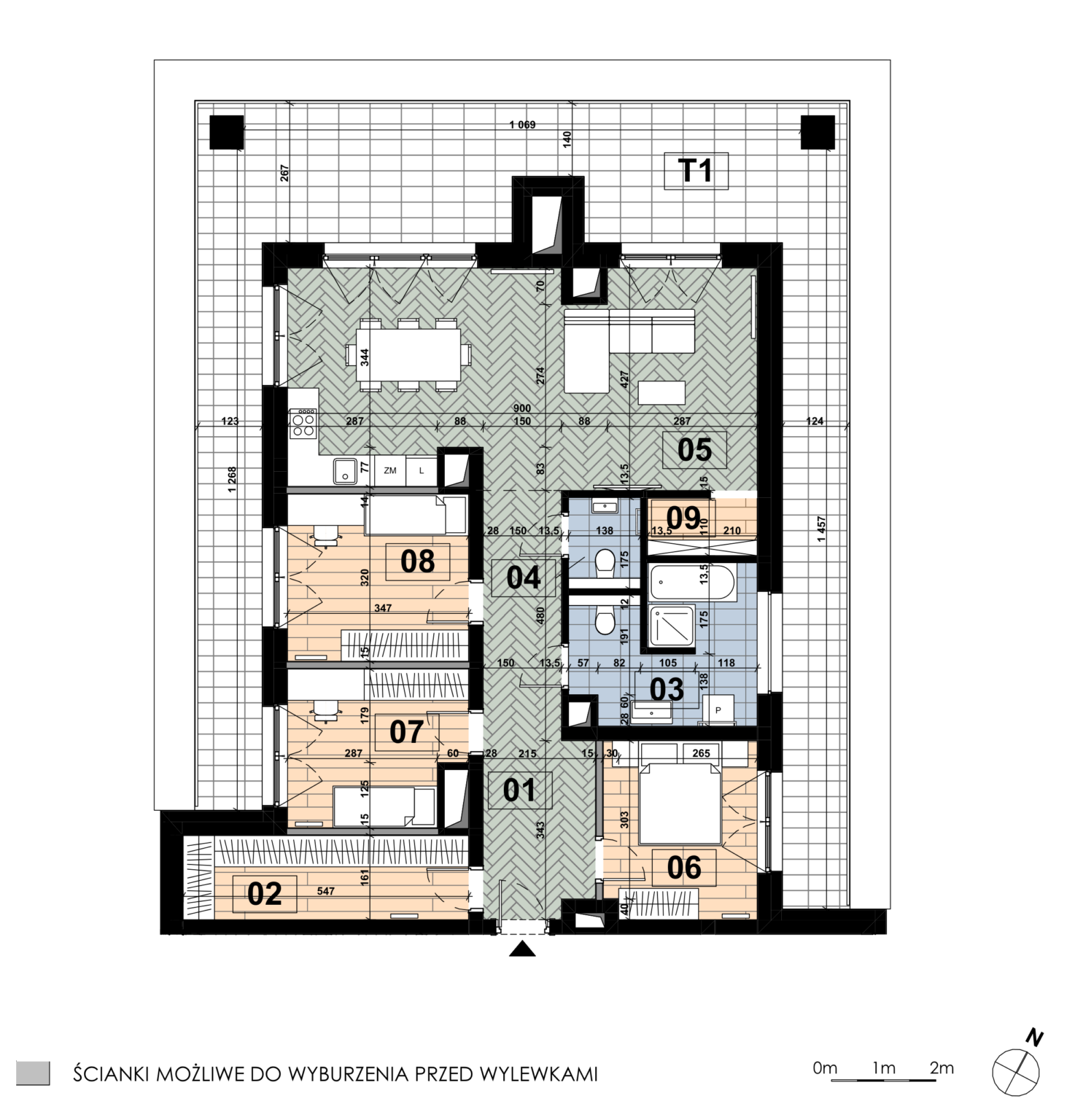 Czteropokojowe mieszkanie ME 41 mieści się na szóstym piętrze budynku E i ma powierzchnię 105,51 m². Główną przestrzeń tworzy salon z aneksem kuchennym o powierzchni 36,82 m²; sypialnia główna zajmuje 10,00 m², pozostałe sypialnie 9,81 m² i 11,11 m², garderoba 8,82 m², łazienka 9,93 m², WC 2,39 m², a spiżarnia 2,31 m². Do mieszkania przynależy taras o powierzchni 60,06 m².
