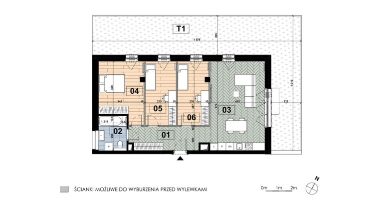 Mieszkanie ME 42: 4 pokoje, 81,76 m², parter, budynek E, salon z aneksem, 3 sypialnie i taras 62,88 m².