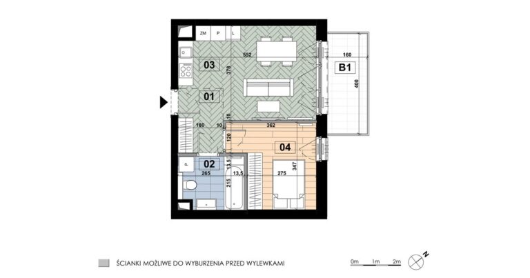 Mieszkanie ME 45: 2 pokoje, 38,84 m², 1. piętro, budynek E, salon z aneksem, sypialnia i balkon 6,40 m².