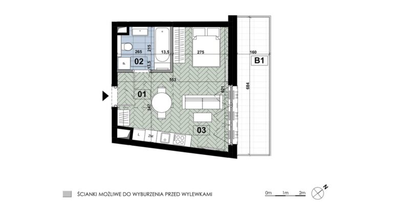 Mieszkanie ME 46: 1 pokój, 31,16 m², 1. piętro, budynek E, salon z aneksem, łazienka i balkon 11,02 m².