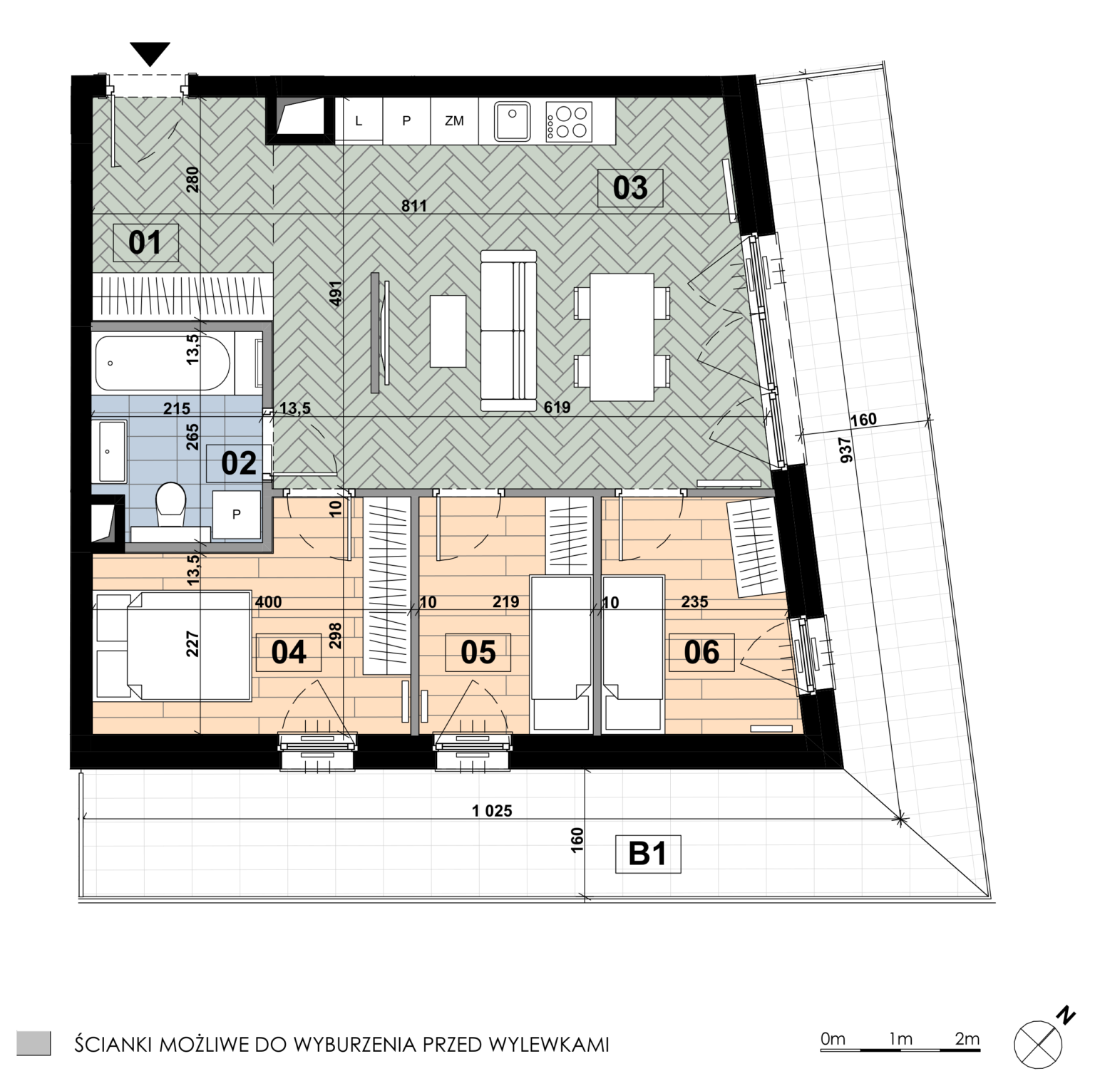 Czteropokojowe mieszkanie ME 47 położone jest na pierwszym piętrze budynku E i ma powierzchnię 64,18 m². Głównym pomieszczeniem pozostaje salon z aneksem kuchennym o powierzchni 28,62 m²; sypialnia główna zajmuje 10,29 m², dwie pozostałe sypialnie mają 6,51 m² i 7,01 m², a łazienka 5,45 m². Do mieszkania przynależy balkon o powierzchni 32,07 m².
