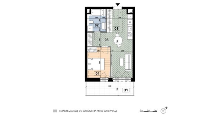 Mieszkanie ME 48: 2 pokoje, 40,23 m², 1. piętro, budynek E, salon z aneksem, sypialnia i balkon 8,90 m².