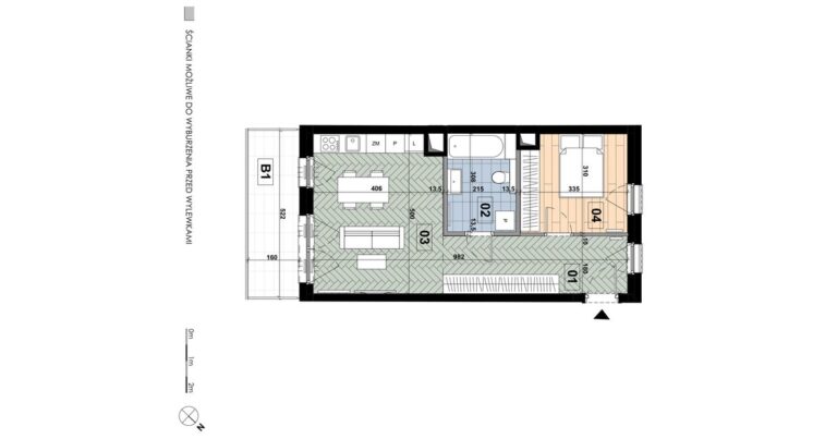 Mieszkanie ME 49: 2 pokoje, 46,88 m², 1. piętro, budynek E, salon z aneksem, sypialnia i balkon 8,46 m².