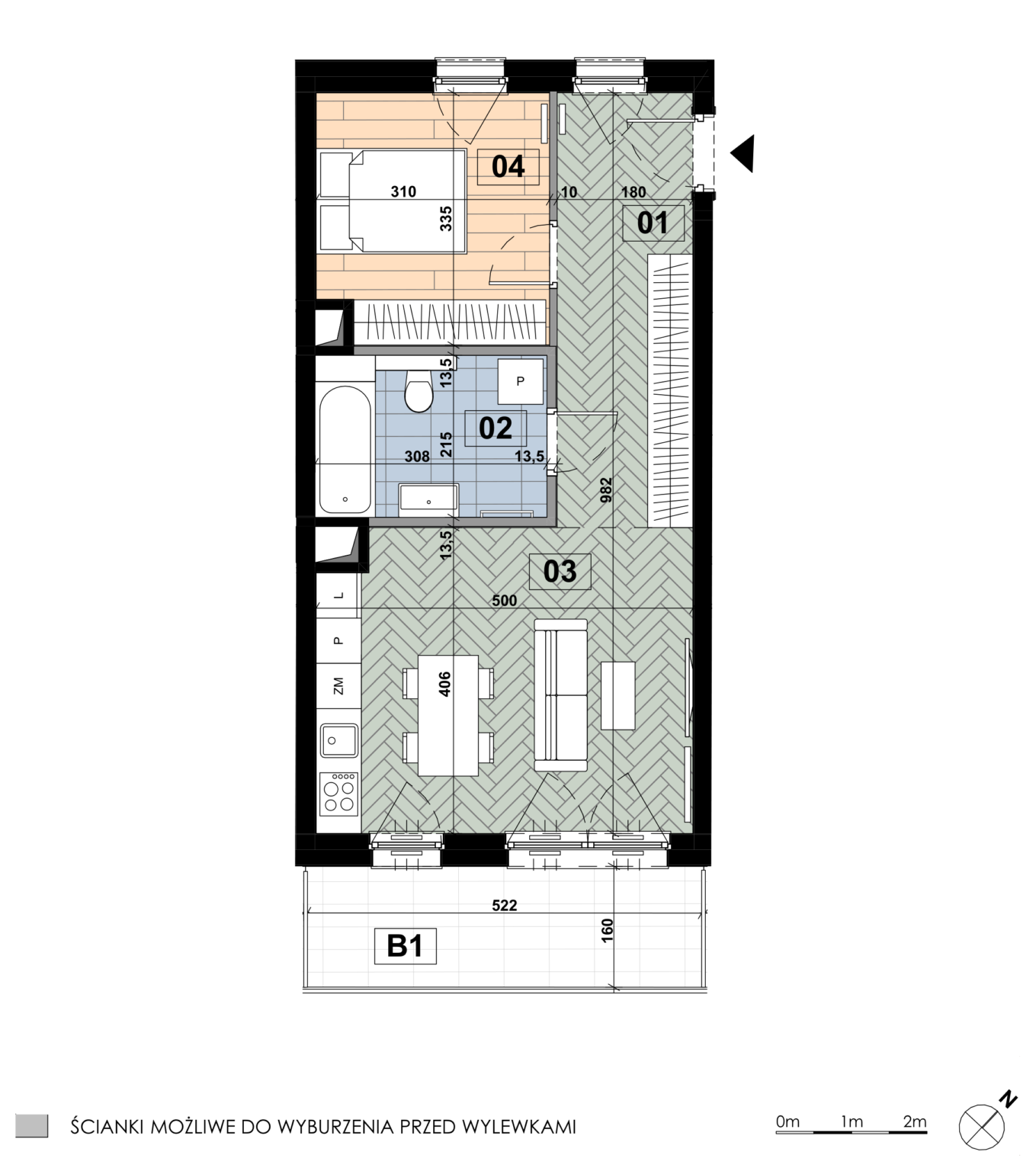 Dwupokojowe mieszkanie ME 49 mieści się na pierwszym piętrze budynku E i obejmuje łącznie 46,88 m². Największym pomieszczeniem jest salon z aneksem kuchennym o powierzchni 19,84 m²; sypialnia główna zajmuje 10,05 m², a łazienka ma 6,61 m². Do mieszkania przynależy balkon o powierzchni 8,46 m².