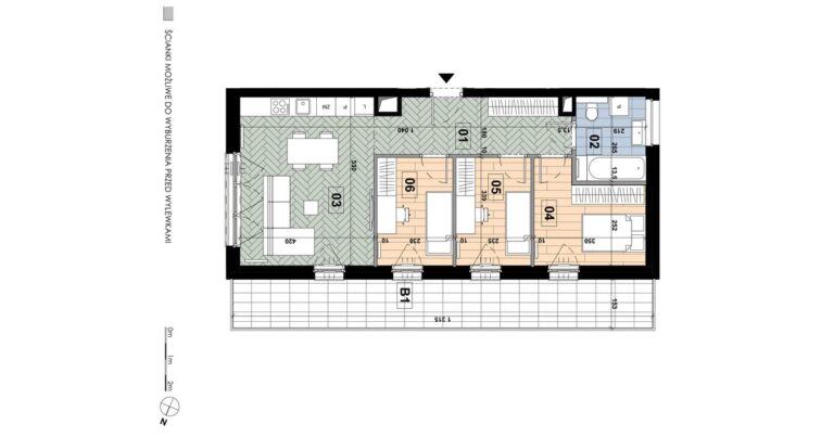 Mieszkanie ME 50: 4 pokoje, 64,35 m², 2. piętro, budynek E, salon z aneksem, 3 sypialnie i balkon 20,05 m².