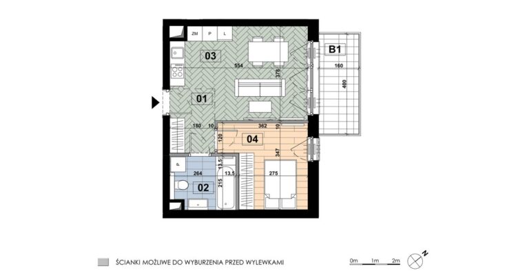 Mieszkanie ME 51: 2 pokoje, 38,84 m², 2. piętro, budynek E, salon z aneksem, sypialnia i balkon 6,40 m².