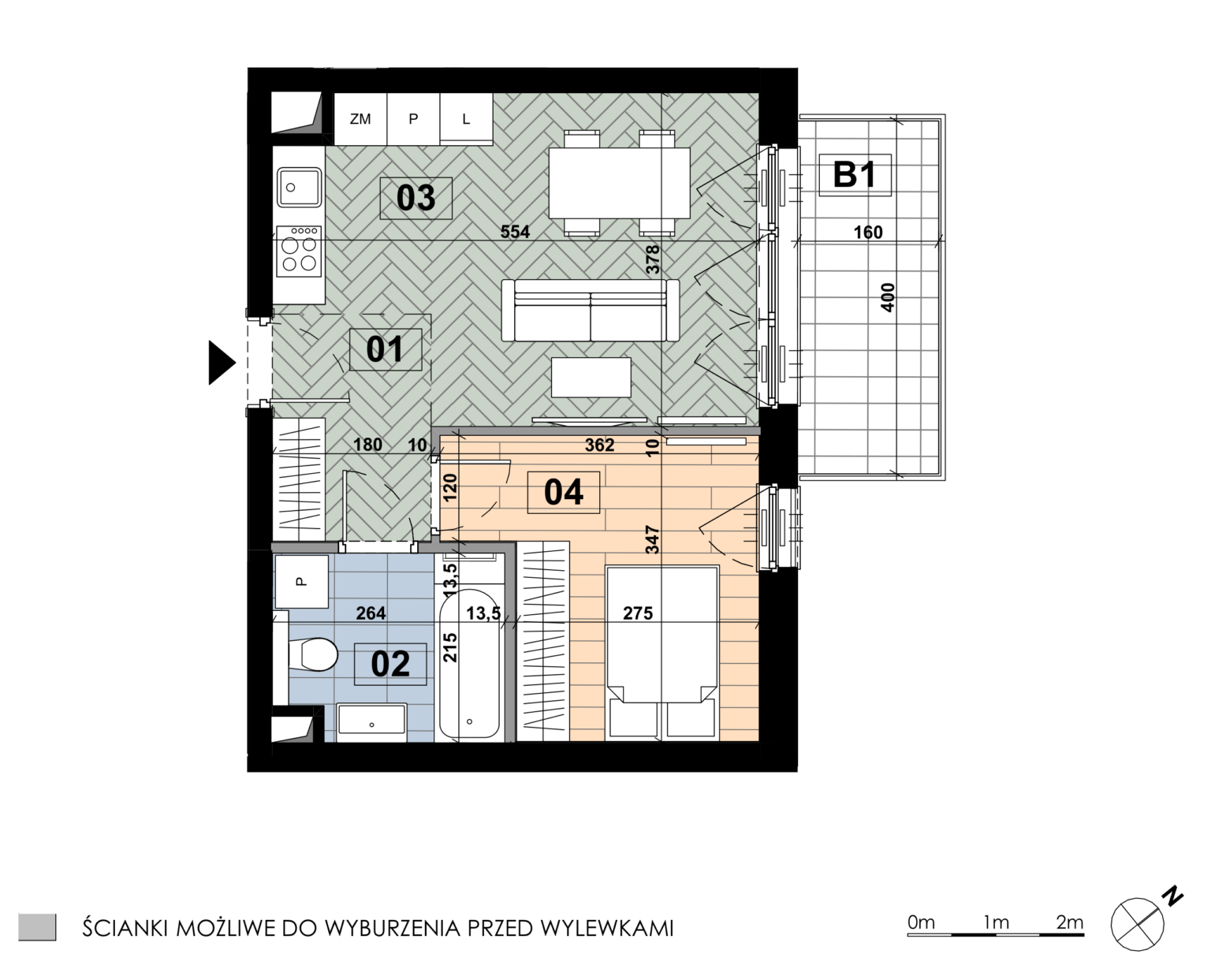 Dwupokojowe mieszkanie ME 51 mieści się na drugim piętrze budynku E i ma powierzchnię 38,84 m². Największą część wnętrza stanowi salon z aneksem kuchennym o powierzchni 18,17 m², natomiast sypialnia główna zajmuje 10,59 m², a łazienka 5,45 m². Do mieszkania przynależy balkon o powierzchni 6,40 m².
