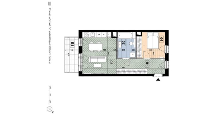 Mieszkanie ME 55: 2 pokoje, 46,88 m², 2. piętro, budynek E, salon z aneksem, sypialnia i balkon 6,64 m².