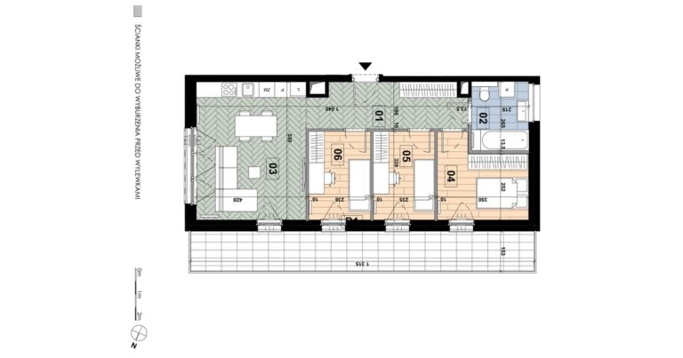 Mieszkanie ME 56: 4 pokoje, 64,35 m², 3. piętro, budynek E, salon z aneksem, 3 sypialnie i balkon 20,05 m².