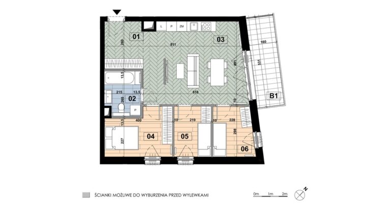 Mieszkanie ME 59: 4 pokoje, 64,18 m², 3. piętro, budynek E, salon z aneksem, 3 sypialnie i balkon 8,54 m².