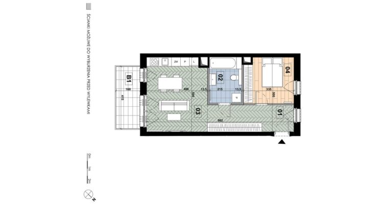 Mieszkanie ME 61: 2 pokoje, 46,88 m², 3. piętro, budynek E, salon z aneksem, sypialnia i balkon 6,64 m².