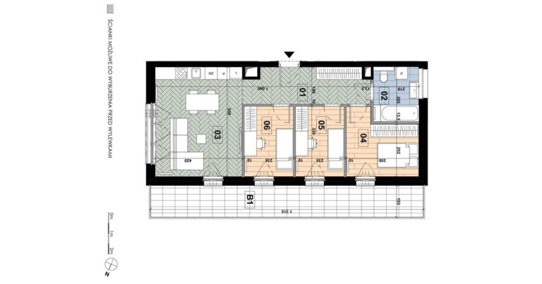 Mieszkanie ME 62: 4 pokoje, 64,35 m², 4. piętro, budynek E, salon z aneksem, 3 sypialnie i balkon 20,05 m².