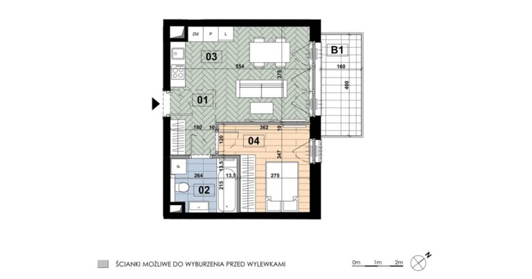 Mieszkanie ME 63: 2 pokoje, 38,84 m², 4. piętro, budynek E, salon z aneksem, sypialnia i balkon 6,40 m².