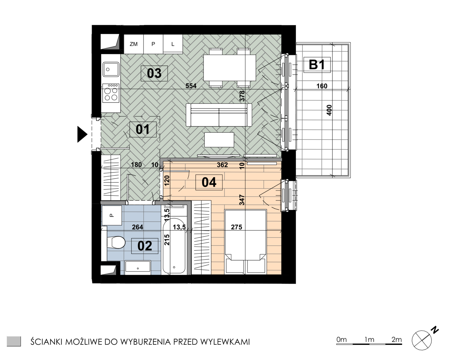 Dwupokojowe mieszkanie ME 63 mieści się na czwartym piętrze budynku E i ma powierzchnię 38,84 m². Największą część wnętrza stanowi salon z aneksem kuchennym o powierzchni 18,17 m², natomiast sypialnia główna zajmuje 10,59 m², a łazienka 5,45 m². Do mieszkania przynależy balkon o powierzchni 6,40 m².