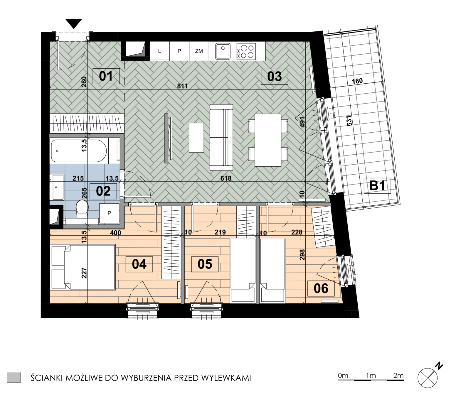 Czteropokojowe mieszkanie ME 65 położone jest na czwartym piętrze budynku E i ma powierzchnię 64,18 m². Głównym pomieszczeniem pozostaje salon z aneksem kuchennym o powierzchni 28,62 m²; sypialnia główna zajmuje 10,29 m², dwie pozostałe sypialnie mają 6,51 m² i 7,01 m², a łazienka 5,45 m². Do mieszkania przynależy balkon o powierzchni 8,54 m².