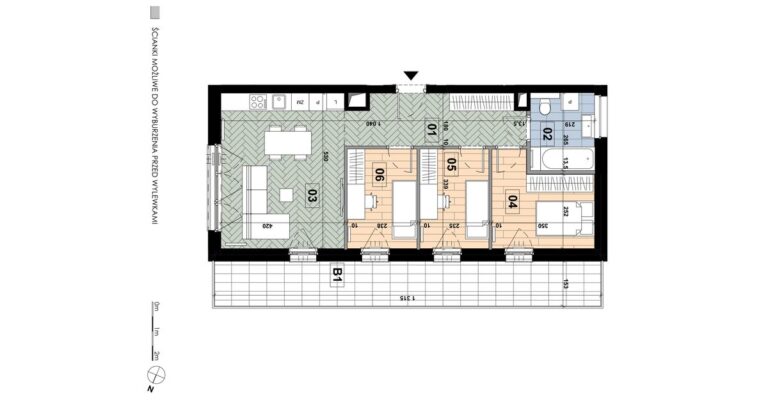 Mieszkanie ME 68: 4 pokoje, 64,35 m², 5. piętro, budynek E, salon z aneksem, 3 sypialnie i balkon 20,05 m².