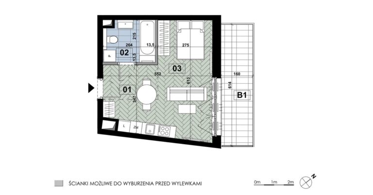 Mieszkanie ME 70: 1 pokój, 31,16 m², 5. piętro, budynek E, salon z aneksem, łazienka i balkon 9,86 m².