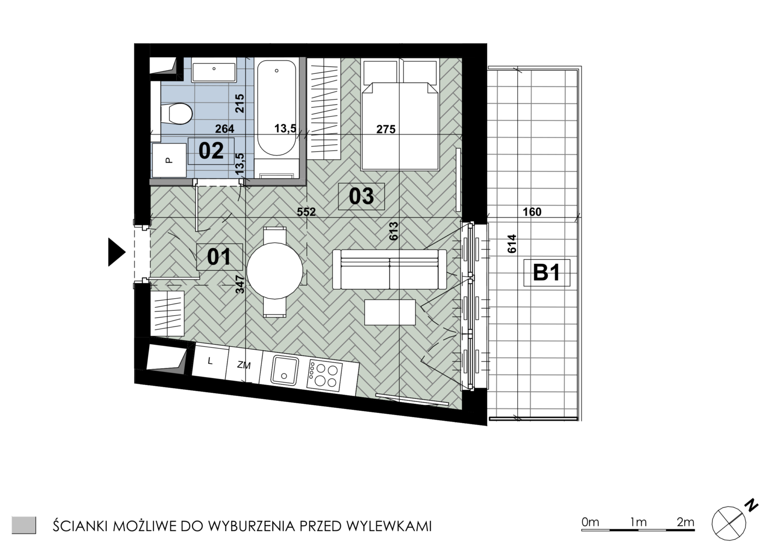 Jednopokojowe mieszkanie ME 70 znajduje się na piątym piętrze budynku E i obejmuje 31,16 m². Salon z aneksem kuchennym zajmuje 20,86 m² i jest największym pomieszczeniem, natomiast łazienka ma 5,45 m². Wnętrze tworzą salon z aneksem oraz łazienka. Mieszkanie ma balkon o powierzchni 9,86 m².